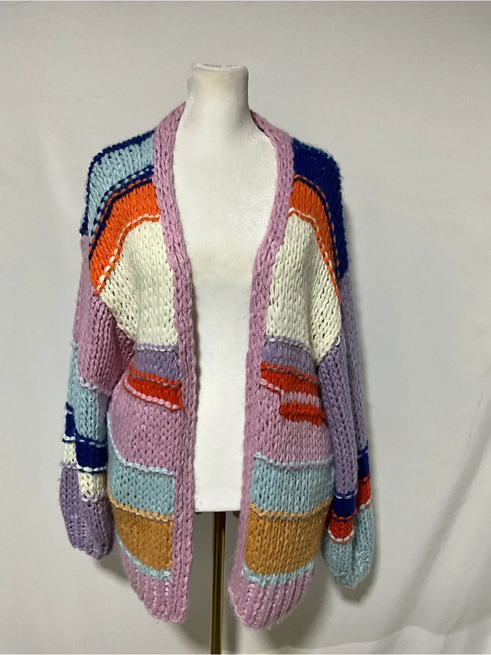 Listicle Chunky Colorblock Open Front Cardigan Sweater Size Large Boho Cozy